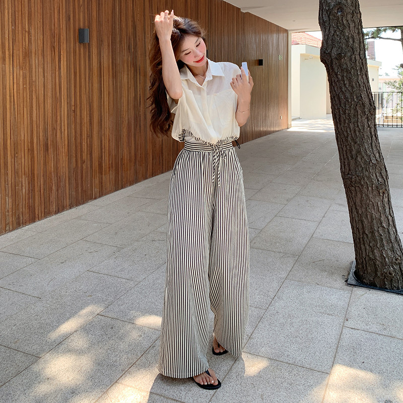 现货：夏装新款薄款衬衫＋条纹阔腿裤两件套装2C135-5091P110K168,女装套装/套裙,2C135