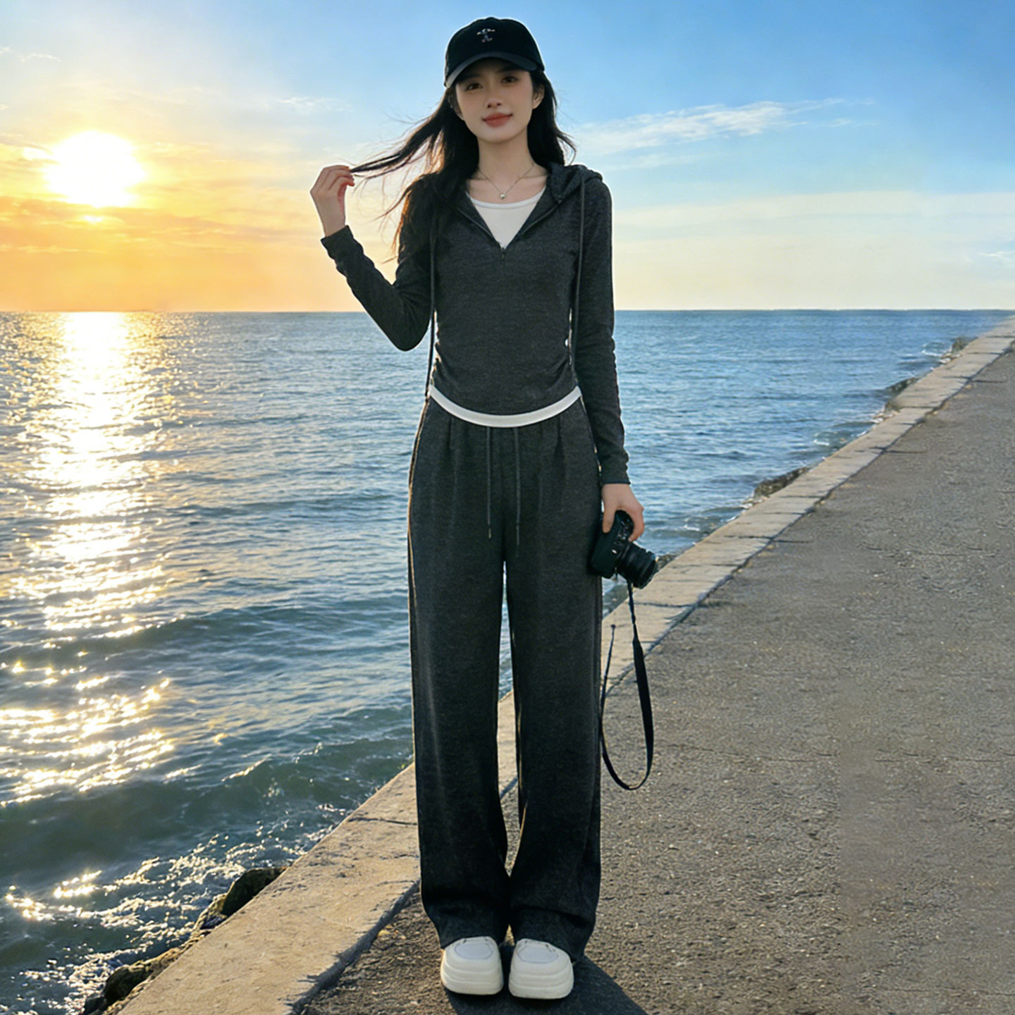 女春季新款韩版气质设计感拼接假两件连帽长袖上衣直筒长裤两件套,女装套装/套裙,2C310