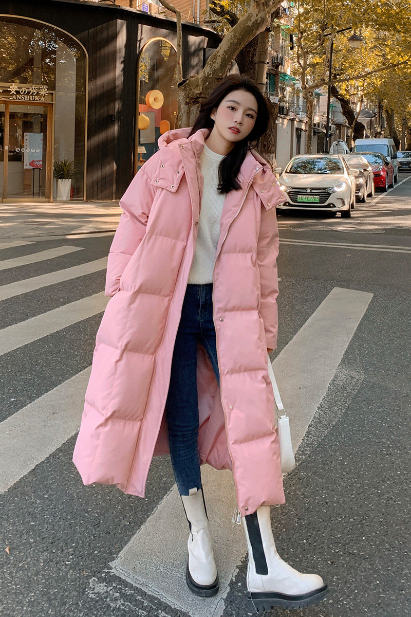 粉色长款羽绒服女冬过膝2025新款韩版风连帽厚白鸭绒棉服外套,女装羽绒服,2C177