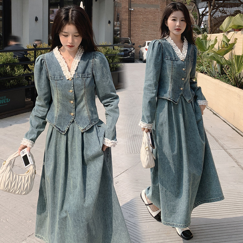 [现货]新品减龄珍珠花边领牛仔半裙套装F513-P145-K228,女装套装/套裙,2C255