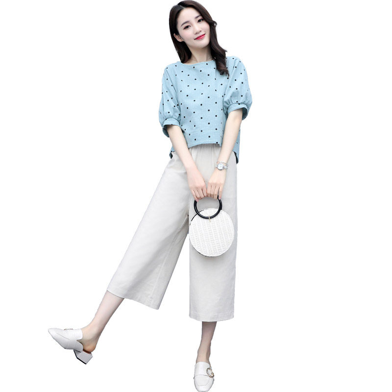 麻面套装/套裙夏季圆领短袖纯色韩版优雅时尚，女装套装/套裙，幸运星,女装套装/套裙,1D073