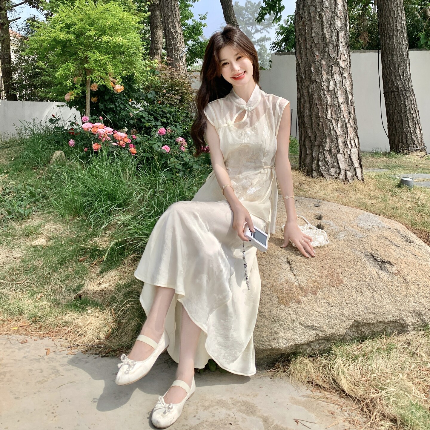 新中式风刺绣盘扣上衣连衣裙两件套女2025夏季新款气质显瘦旗袍,女装连衣裙,2C159