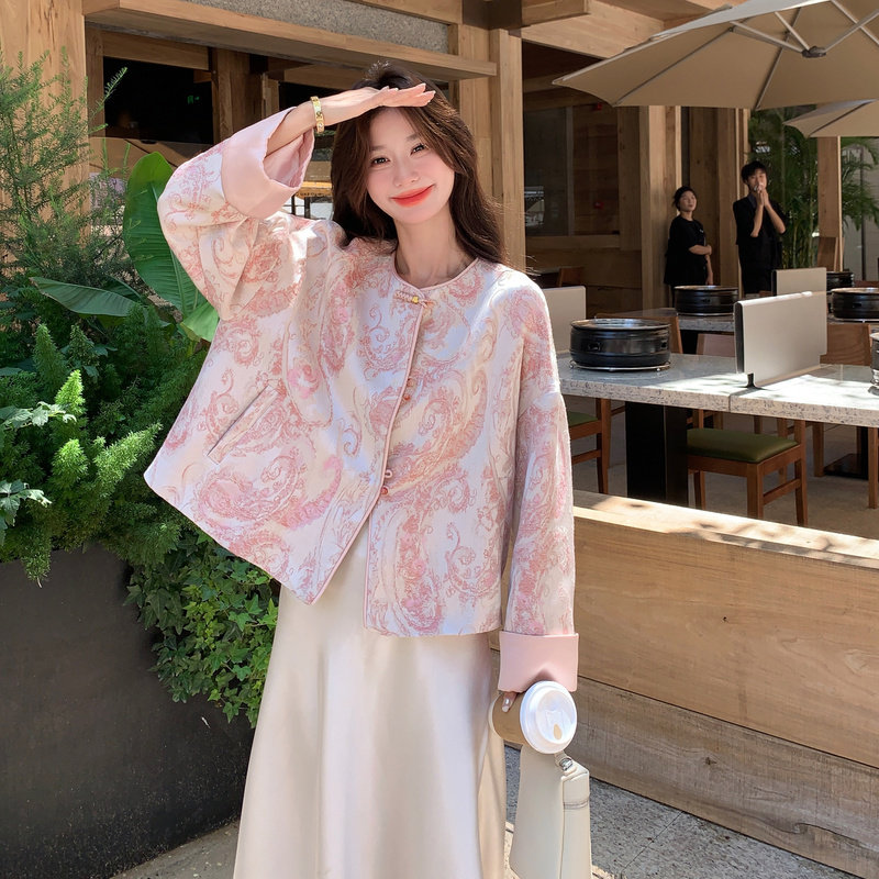 新中式国风碎花粉色短外套女春秋2025新款小个子上衣甜美流行爆款,女装短外套,2B233