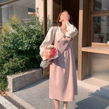 法式气质连衣裙女春季2025新款复古收腰假两件裙子长袖气质桔梗裙，女装连衣裙，2C092