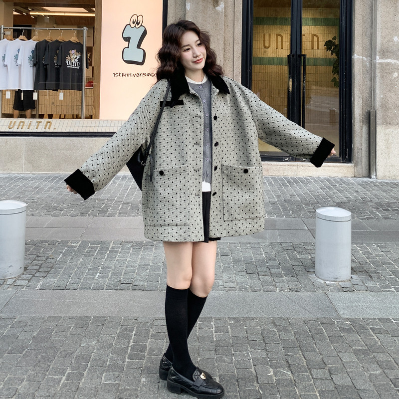 韩版灰色波点毛呢外套女2025秋冬新款时尚高级感小个子老钱风大衣,女装毛呢外套,2C177