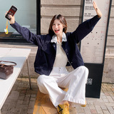 藏青色复古设计感蕾丝拼接外套女2025秋新款韩系休闲减龄百搭夹克，女装短外套，2C238