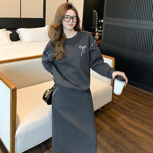 女春订珠蝴蝶结卫衣长款半裙图片