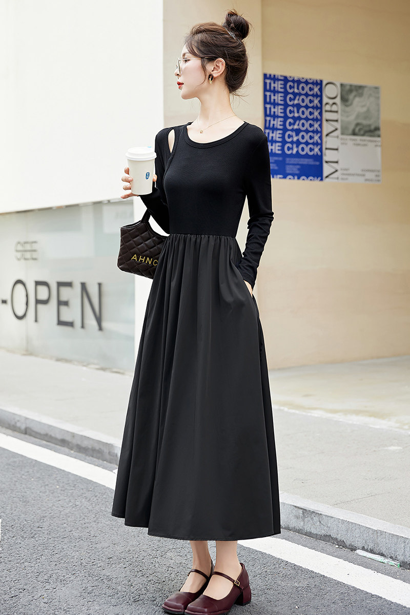 赫本风连衣裙女2025年秋季新款收腰显瘦法式长袖针织裙子,女装连衣裙,蓝朵琳