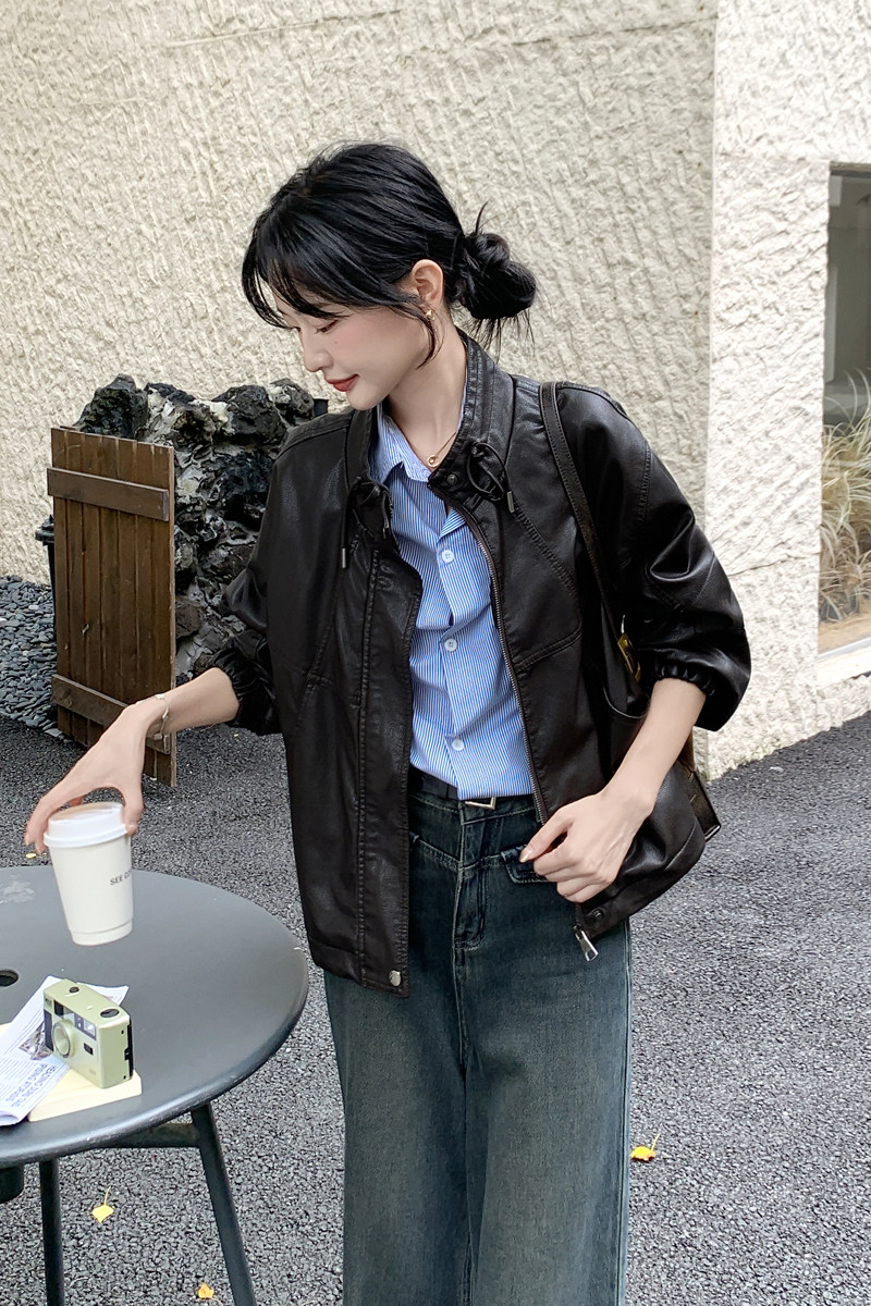 高级感立领咖色短款皮衣外套女春秋2025新款小个子PU夹克百搭超火,女装皮衣,2C092