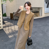 chic韩系穿搭麂皮绒马甲配条纹T恤连衣裙2025春夏超好看长裙套装，女装套装/套裙，2C166