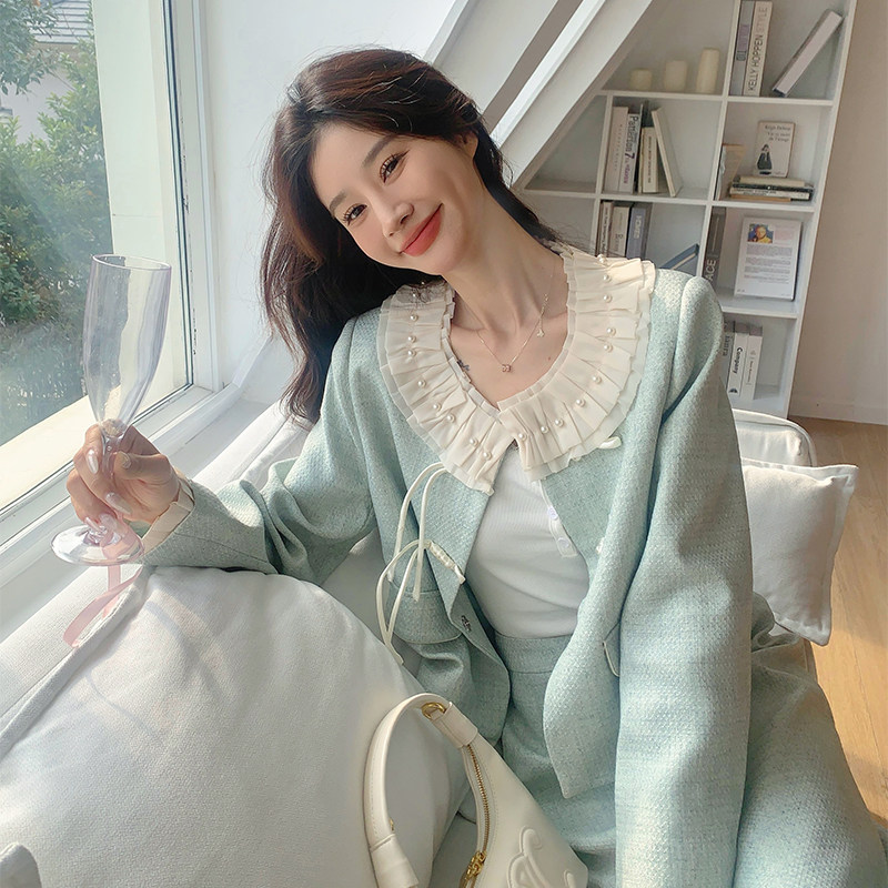 蓝色新中式国风西装套装裙女春秋2025新款流行超好看半身裙两件套,女装套装/套裙,2C203