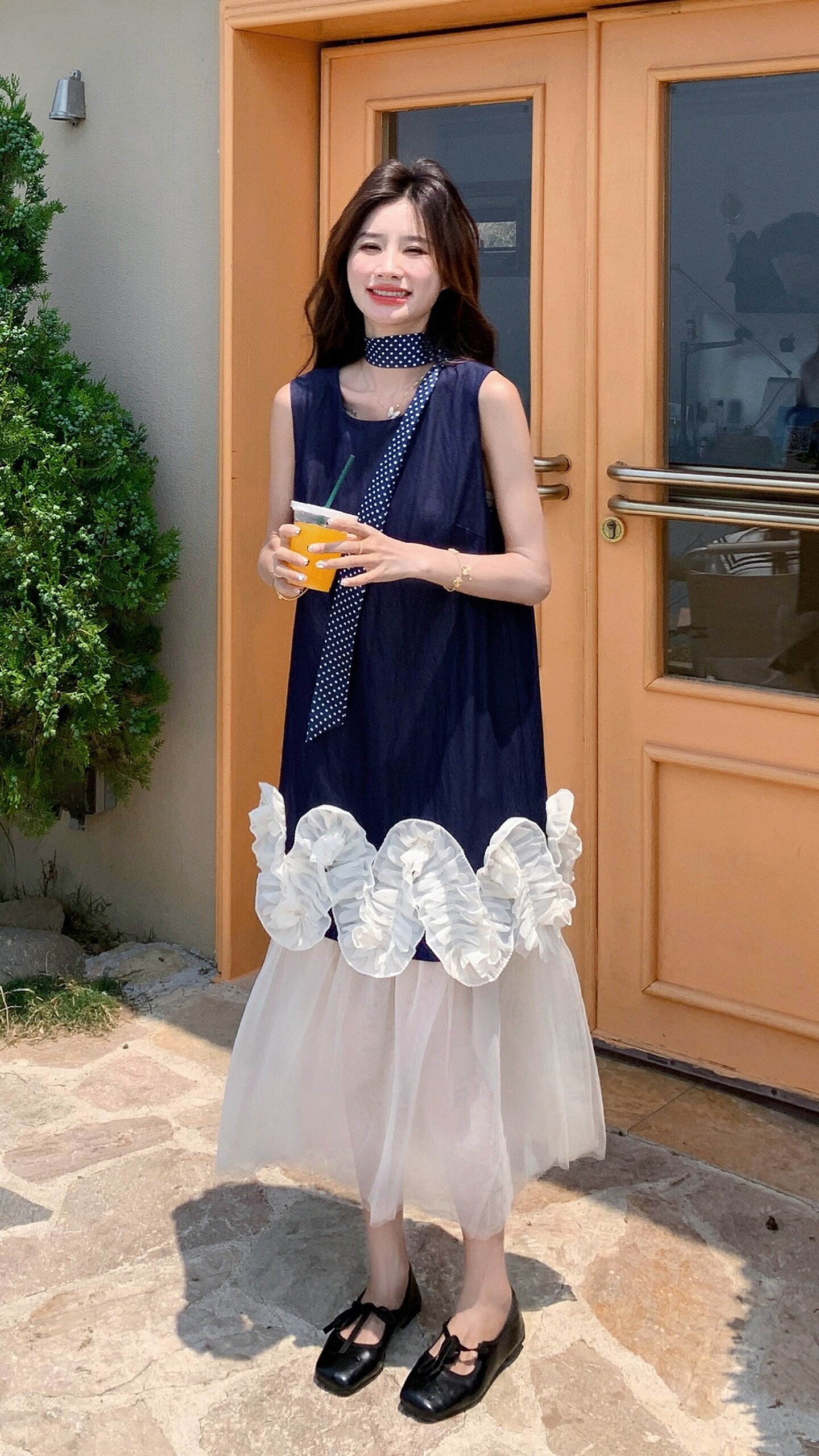 立体花朵假两件连衣裙女2025夏季新款法式时尚撞色拼接无袖长裙,女装连衣裙,2D008
