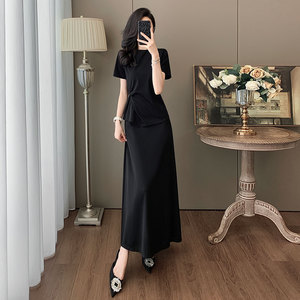 高级黑时尚气质套装裙女夏新款修身显瘦圆领扭结短袖半身裙两件套图片