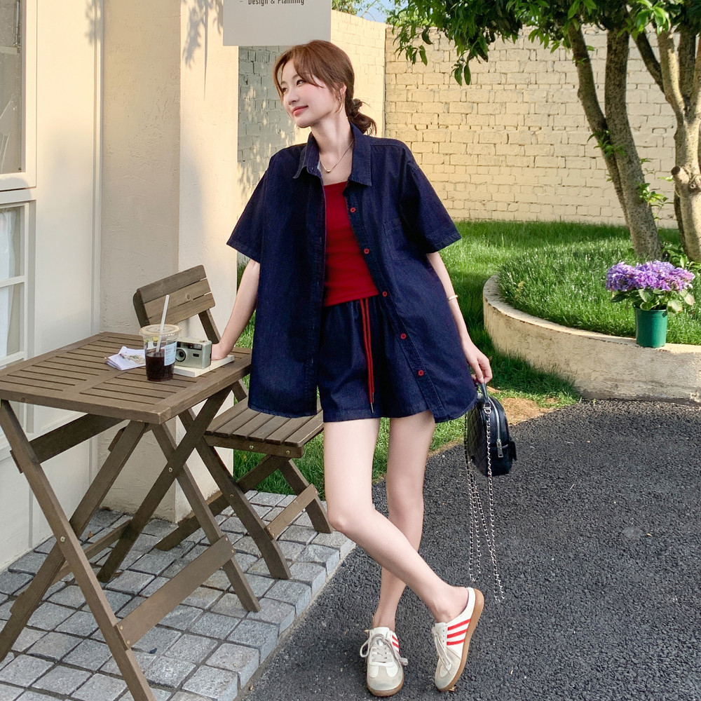 超火独特复古牛仔上衣配裤子背心套装女夏2025新款时髦减龄三件套,女装套装/套裙,衣珂纱朗
