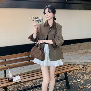 复古咖色灯芯绒拼接工装外套女2025春季新款休闲百搭宽松夹克上衣图片
