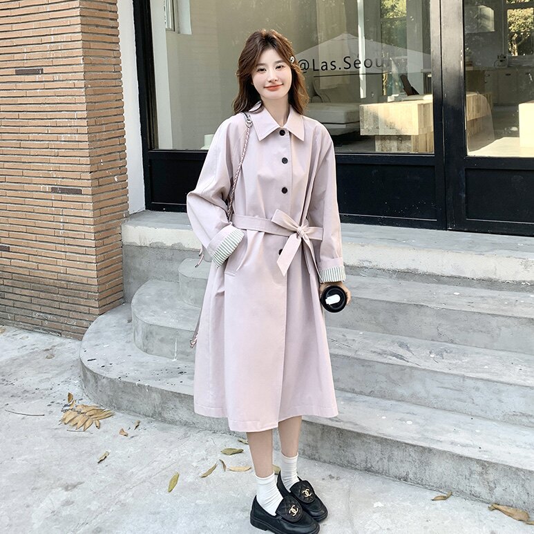 条纹拼接粉色收腰风衣外套女春秋2025新款中长款流行气质大衣爆款,女装风衣,2C217