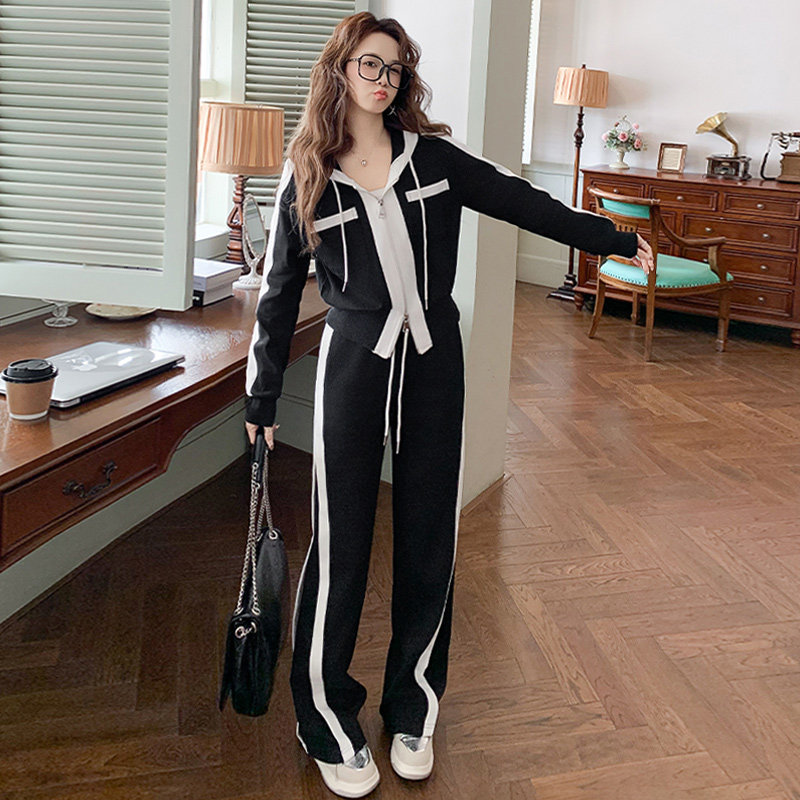拼接撞色连帽开衫外套高腰阔腿裤套装女秋季新款时尚减龄修身显瘦,女装套装/套裙,2C310