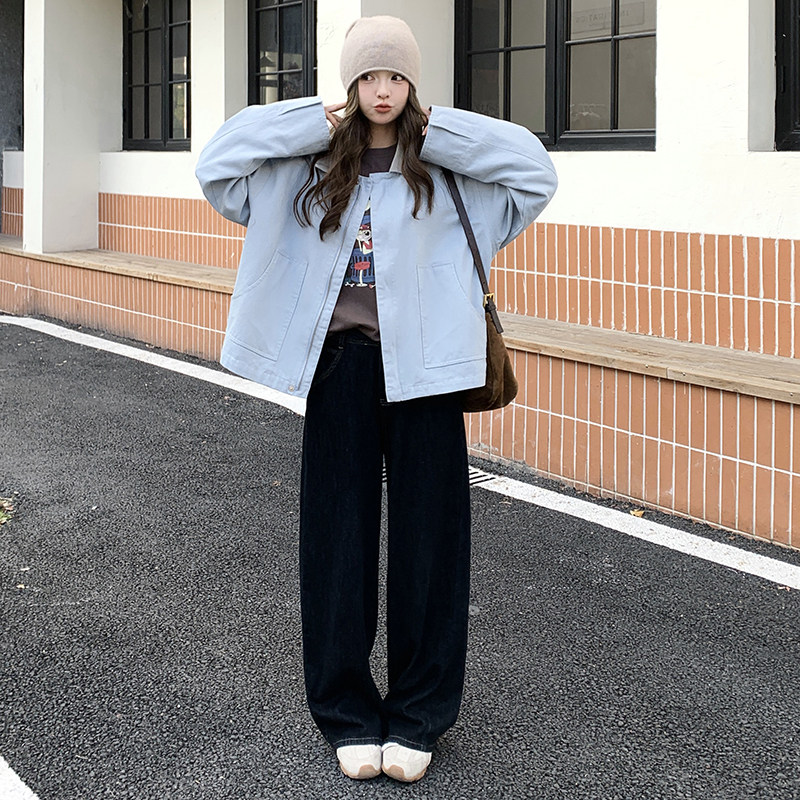 蓝色休闲工装外套女2025春季新款韩版设计感小个子超好看短款夹克,女装短外套,2C086
