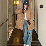 拼色翻领麂皮绒风衣外套女2025秋季新款韩系宽松复古小个子夹克潮，女装短外套，2C139