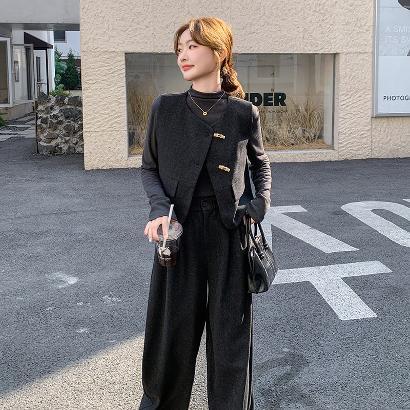 轻熟风穿搭黑色马甲套装女春秋超火好看高级感小众阔腿长裤三件套,女装套装/套裙,2C203