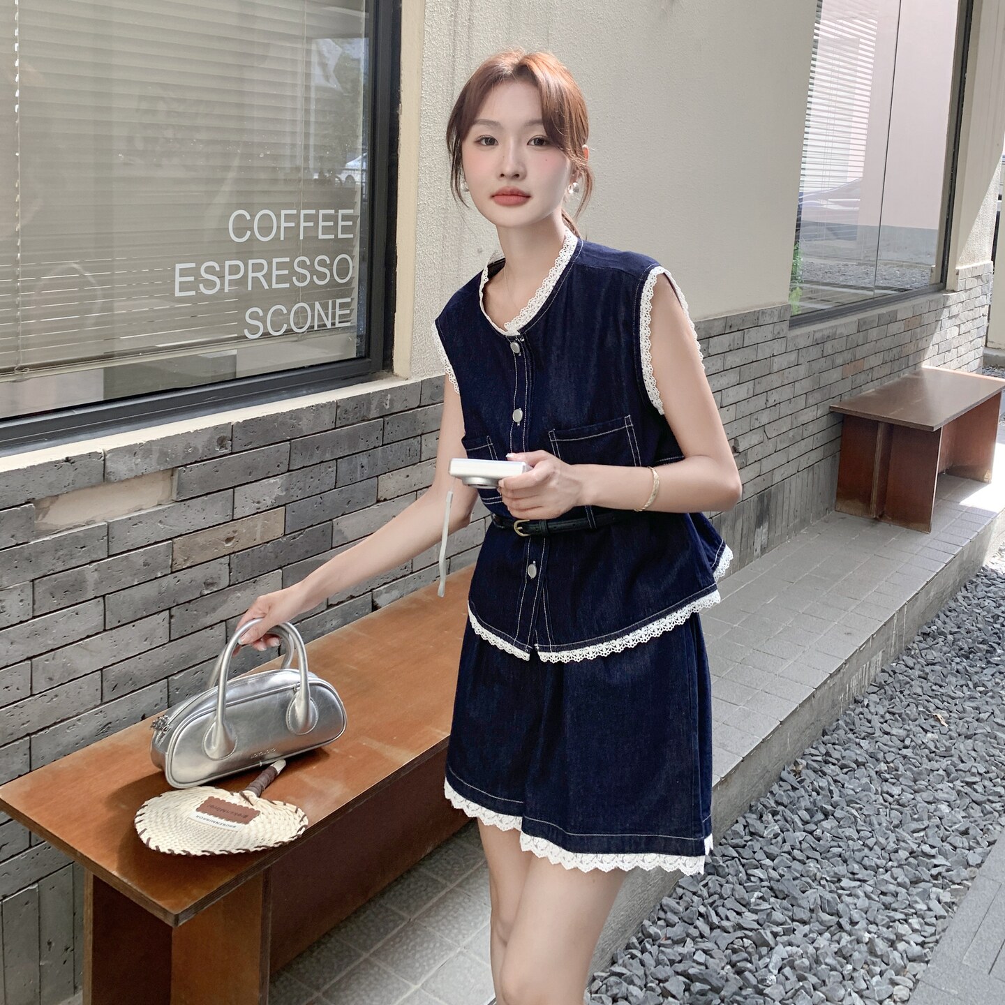 2025夏季新款蕾丝拼接牛仔套装女时尚两件套2C325-A8812P145K208,女装套装/套裙,2C325