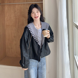 黑色海军领皮衣外套女2025春秋新款设计感酷飒风皮夹克机车服，女装短外套，2C177