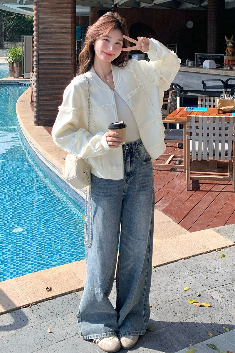 米白色设计感木耳边拼接棒球服女2025早春新款小个子休闲减龄外套,女装短外套,2C166