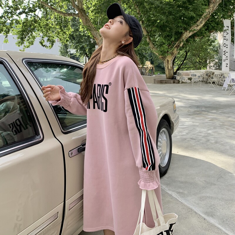 现货！2025冬装粉色加绒刺绣长款卫衣2C056-9001-P130控188,女装卫衣/绒衫,2C056