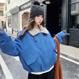 蓝色韩系羊羔毛领工装羽绒服女2025冬新款宽松保暖90白鸭绒外套，女装羽绒服，2D008