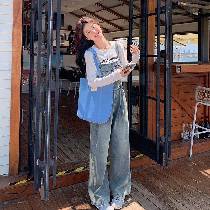 韩版复古牛仔背带裤套装女2025春夏季新款学院风休闲连体裤两件套,女装套装/套裙,2C227