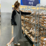 2025春季时尚假两件撞色设计感连衣裙宽松高级感流行百搭过膝长裙，女装连衣裙，2D043