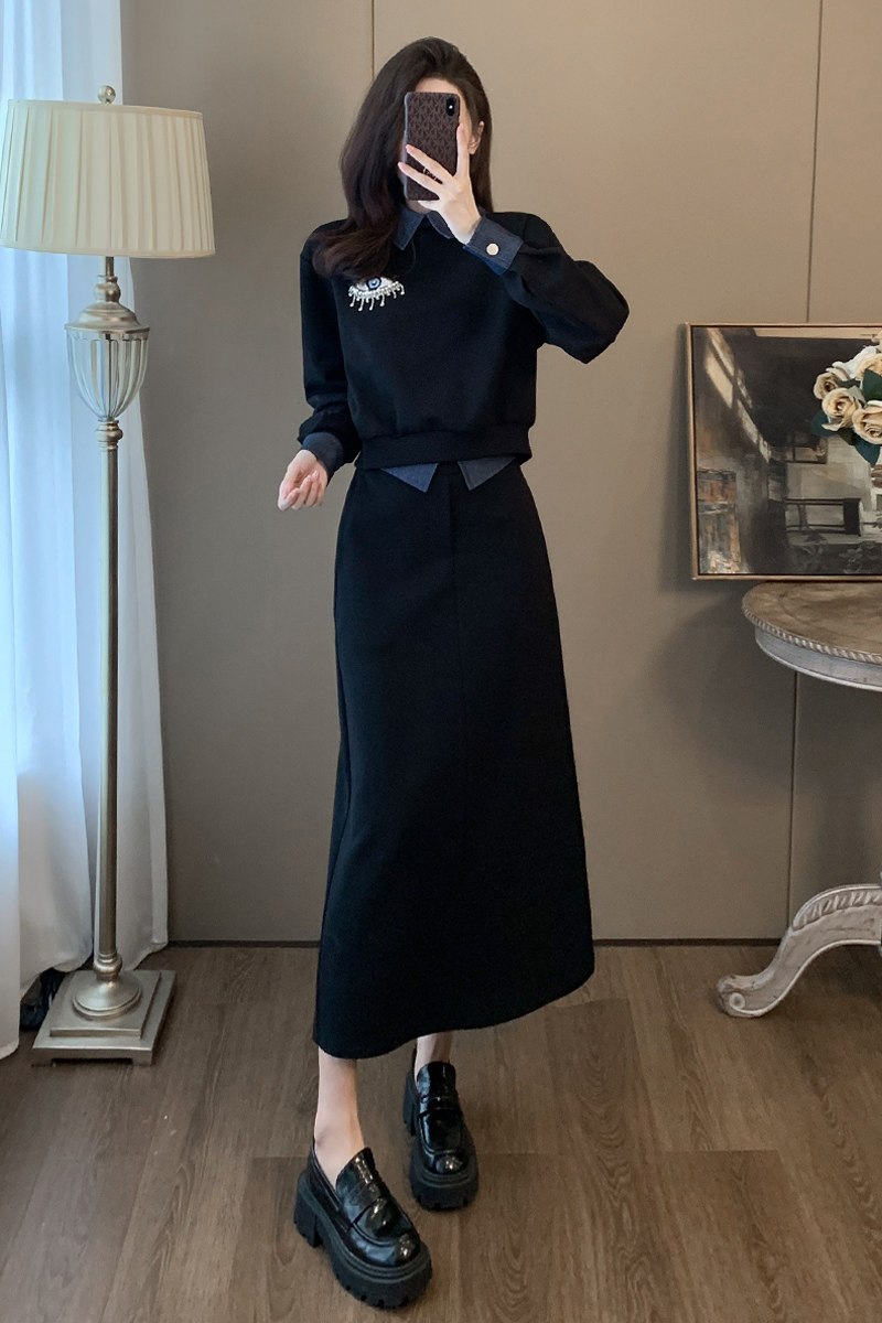 今年流行黑色假两件套休闲运动套装女秋冬款时尚卫衣半身裙两件套,女装套装/套裙,2C310