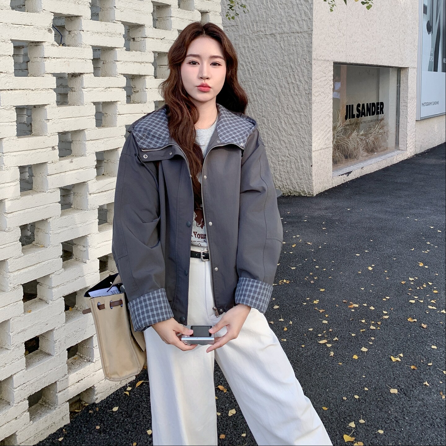 2025秋季新款宽松休闲带帽短外套学院风韩系格子小清新户外上衣,女装短外套,2C225