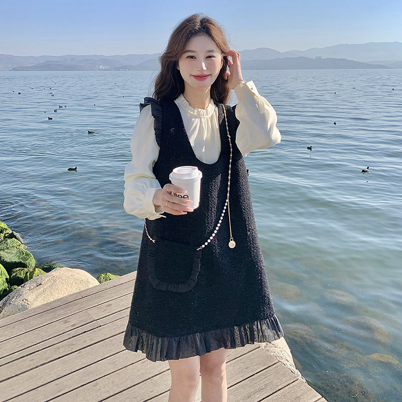 粗花呢木耳边法式气质女2025宽松春秋现货两件套感背心裙长袖,女装套装/套裙,2C166