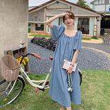 法式纯色甜美休闲连衣裙女夏季2025新款泡泡袖宽松茶歇长款A字裙，女装连衣裙，2C207
