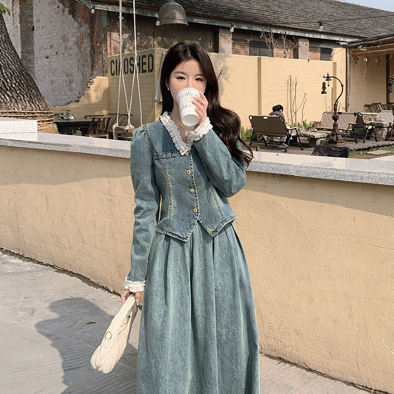 现货新品减龄珍珠花边领牛仔半裙套装F513-P145-K228货号：F513,女装套装/套裙,2C255
