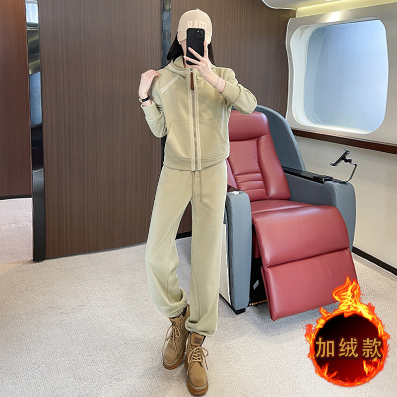 纯色织带拼接减龄卫衣外套长裤套装图片