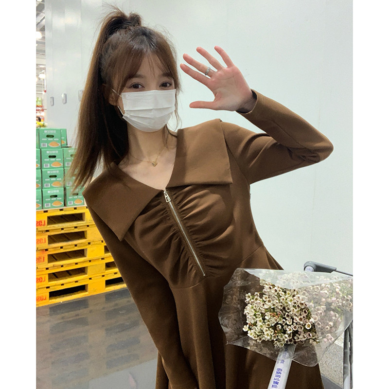 法式咖色海军领长袖连衣裙女2024春秋新款小个子设计感显瘦A字裙,女装连衣裙,2C057