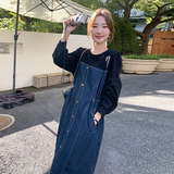 设计感拼接牛仔长袖连衣裙女2025秋装新款超火好看休闲减龄中长裙，女装连衣裙，2C135