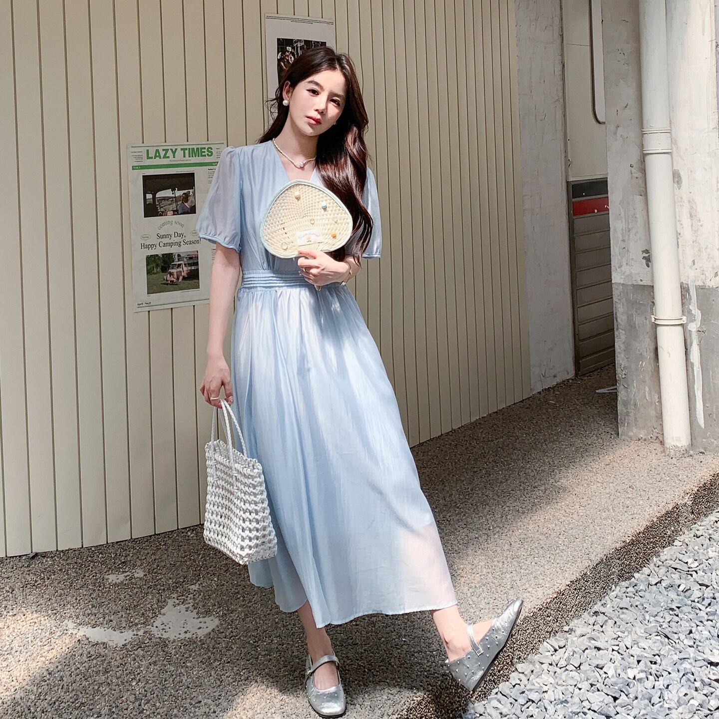 蓝色泡泡袖温柔风绝美气质长裙女夏季2025新款法式天丝仙女连衣裙,女装连衣裙,2C212