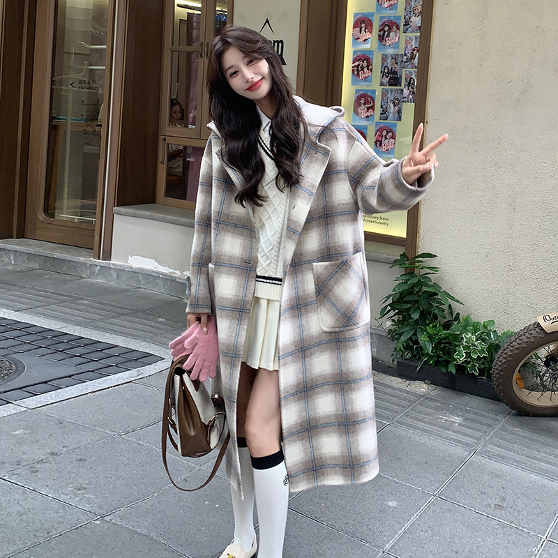 韩版格纹双面呢羊绒大衣女2025年秋冬季新款加厚显瘦羊毛呢子外套图片