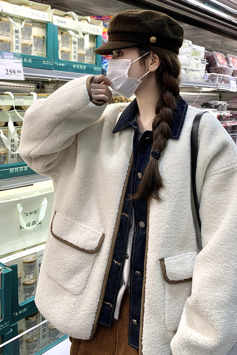 新款放心推货足！皮毛一体牛仔拼羊羔毛外套c016-7069-P225-K328,女装皮衣,2C016