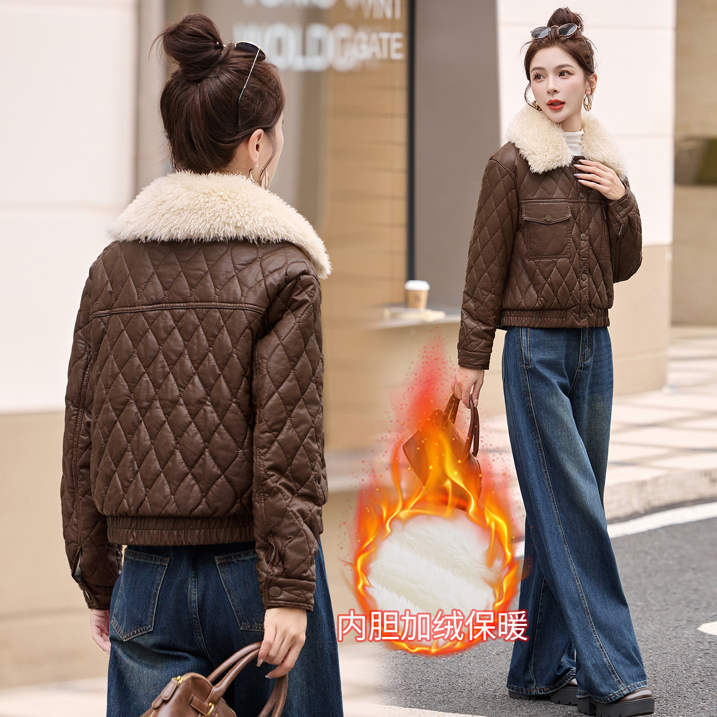 小个子加绒加厚皮衣外套女冬季短款高级感气质减龄皮棉服棉衣,女装皮衣,吾爱衣