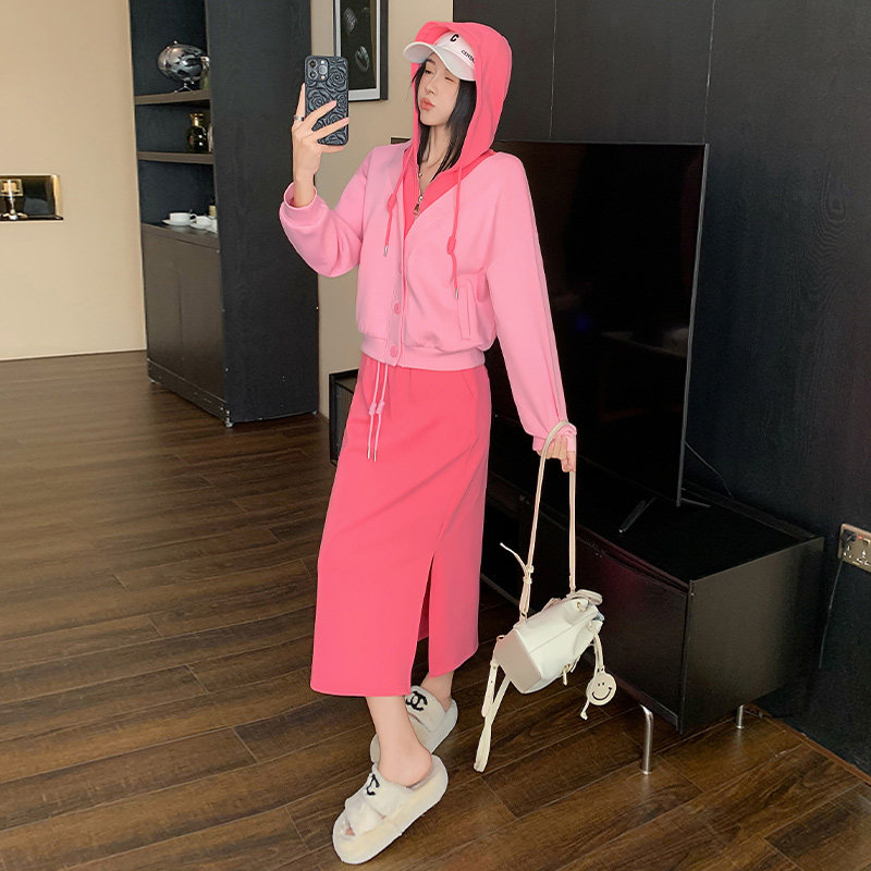 女春季新款潮牌连帽卫衣开叉半身裙两件套潮,女装套装/套裙,2C310