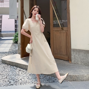 2025夏季显瘦简约通勤收腰长裙女流行气质方领短袖中长款A字长裙图片