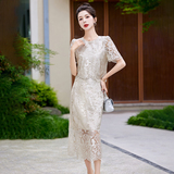 新中式套装裙女夏2025新款印花两件套盘扣改良旗袍裙子，女装套装/套裙，蓝朵琳