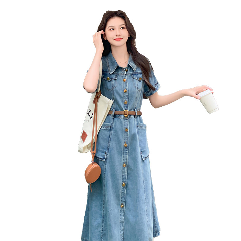 法式复古牛仔翻领连衣裙女2025年夏季新款收腰显瘦气质衬衫长裙潮,女装牛仔裙,2C030
