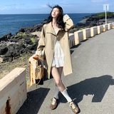 卡其色韩系蕾丝袖口拼接风衣外套女2026秋设计感气质休闲翻领大衣，女装风衣，2C159