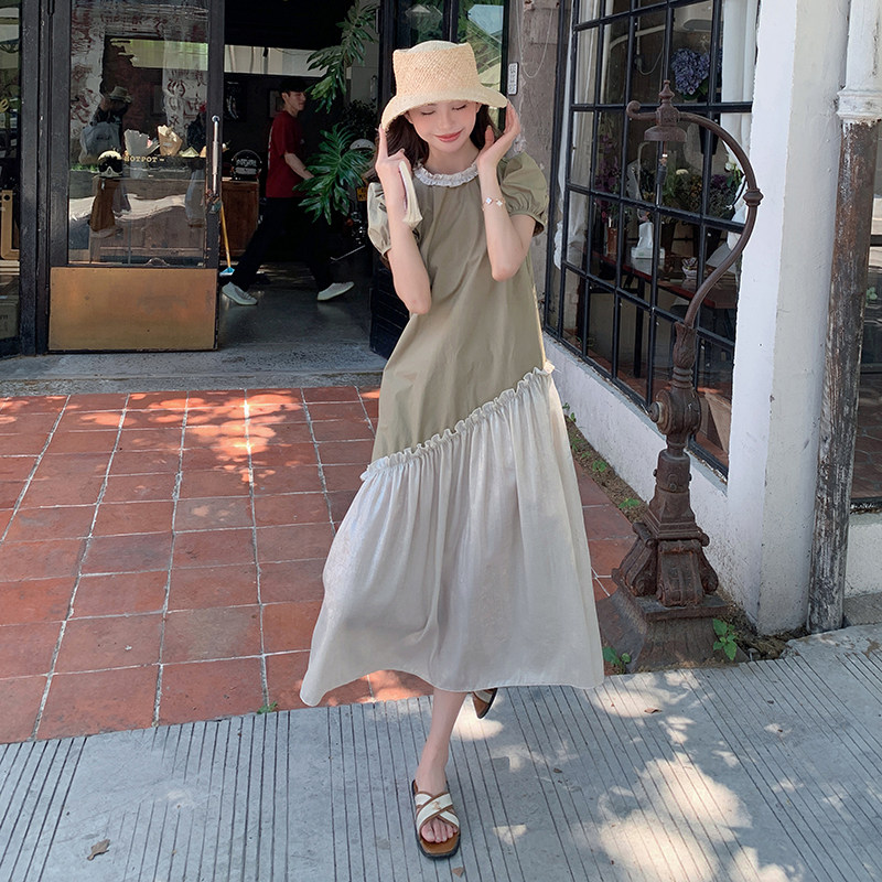 小众设计撞色不规则连衣裙女夏2025年新款法式别致绝美泡泡袖长裙,女装连衣裙,2C057