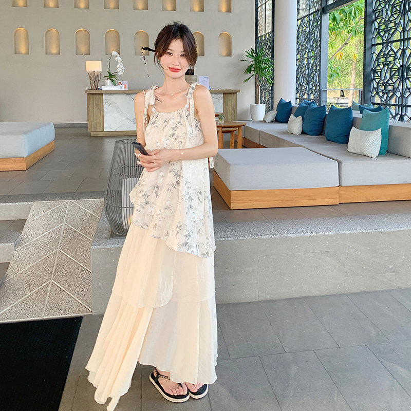 夏装新款-2C177-D17-P130-K198米杏色设计感显瘦吊带裙套装女2024,女装背心吊带,2C177